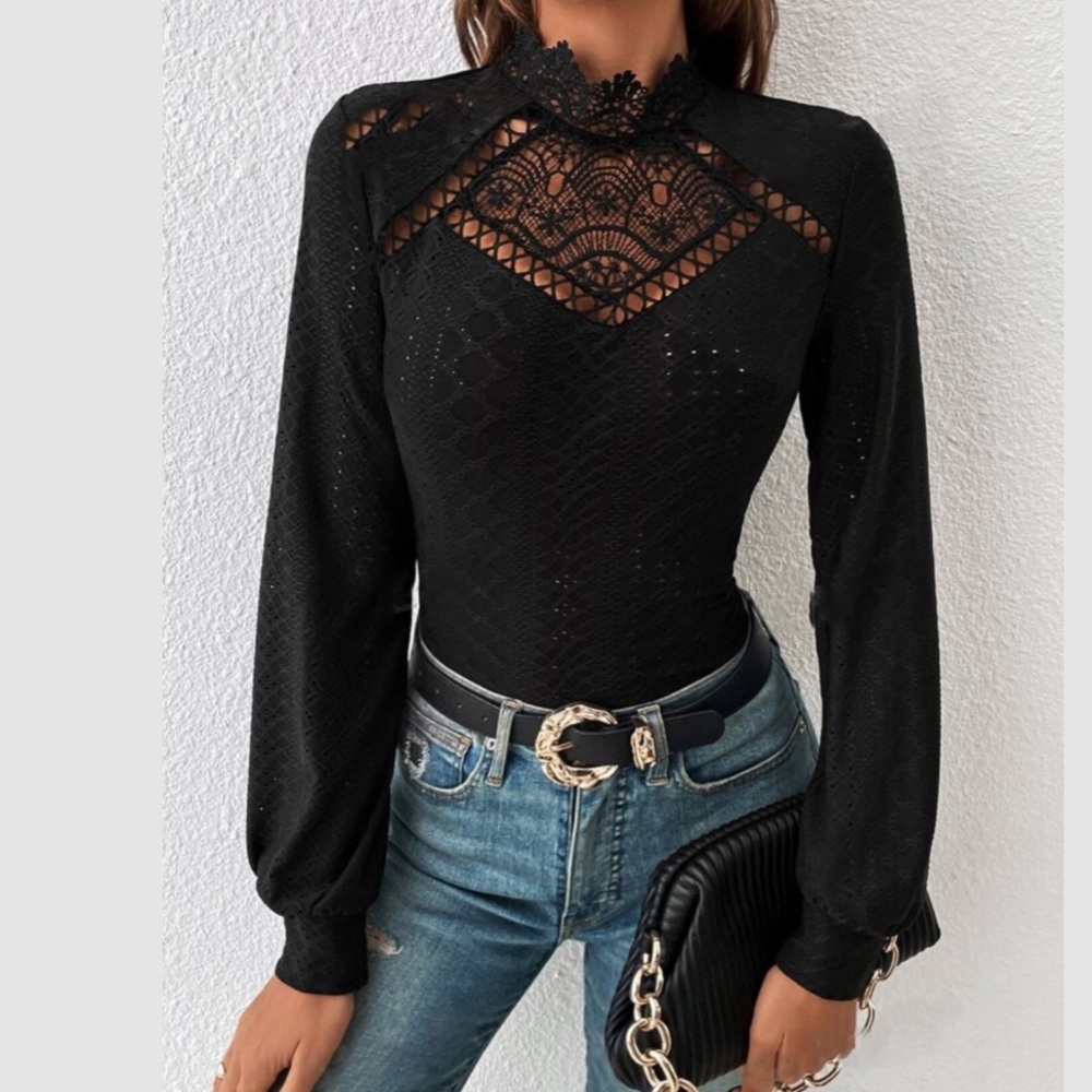Boho black contrast lace long sleeve blouse